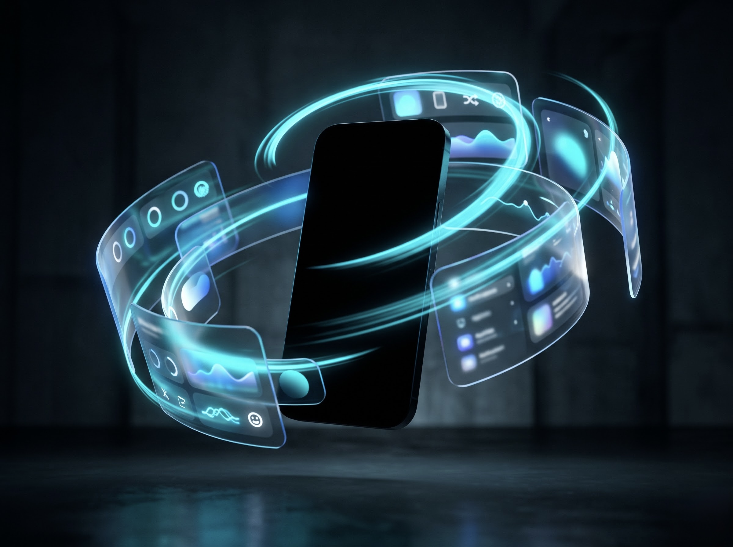 Smartphone silhouette with orbiting UI sheets