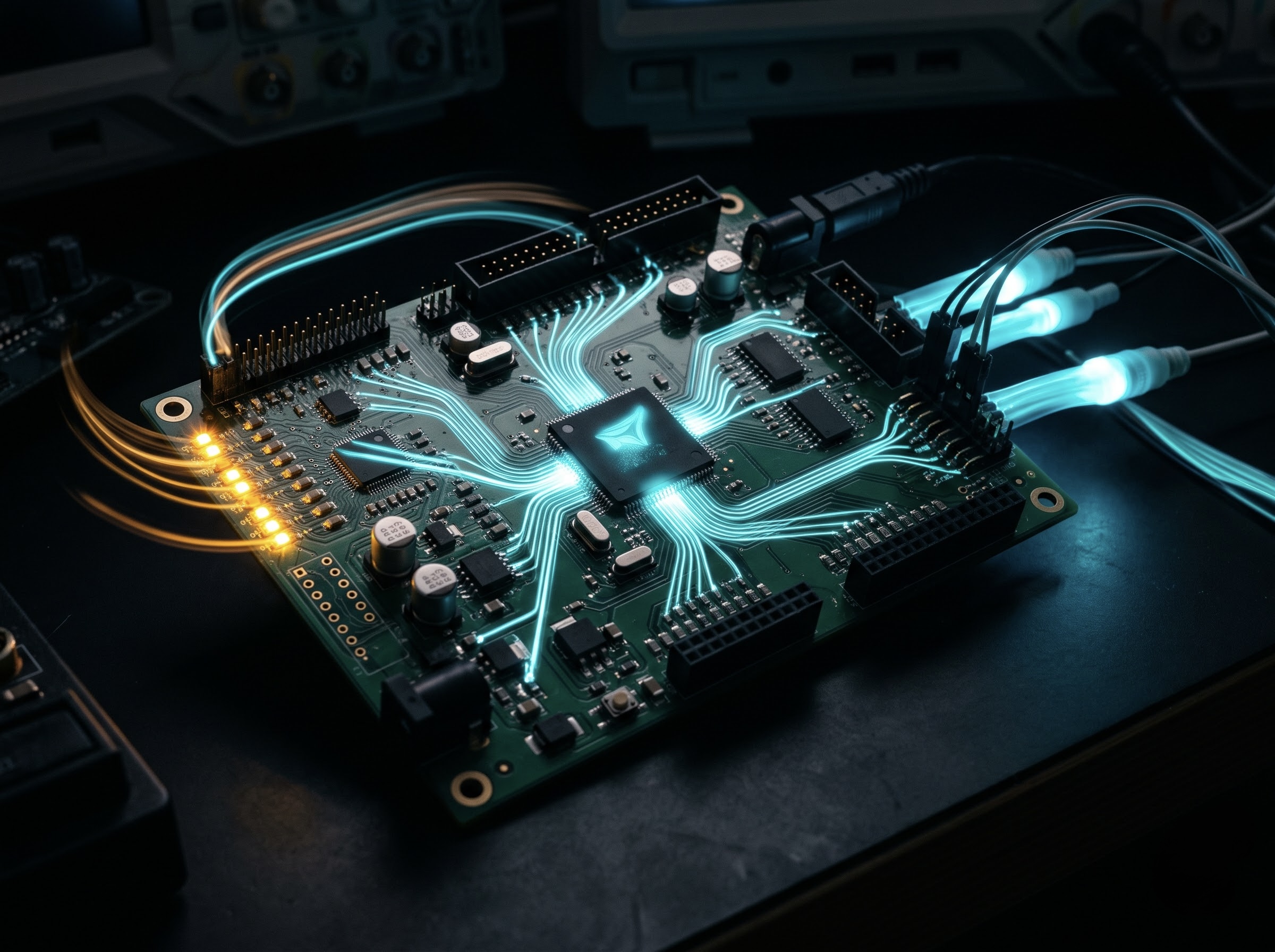 MCU board with firmware light trails to peripherals